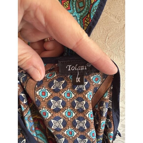 Tolani Silk Plus 1X Colorful Tunic 100% SILK V-Neck High-Lo Blouse Long Sleeve - Picture 8 of 9